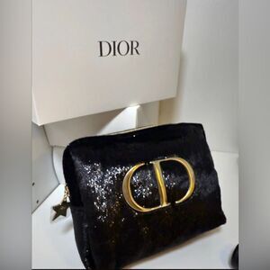 Brand new Dior Black Sequin Cosmetic Bag with Gold Accents GwP